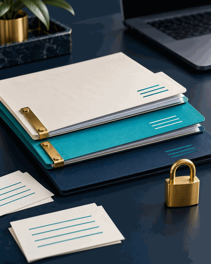 Carpetas, documentos de práctica y un candado junto a un computador, en azul y turquesa